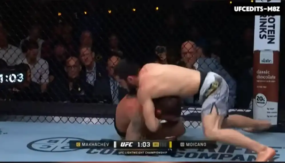 Makhachev putting Renato Moicano in a front headlock